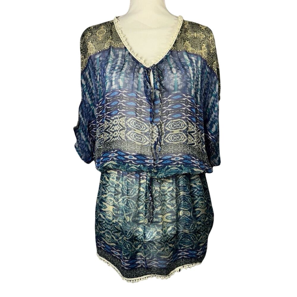 Gypsy 05 Sand Medium Silk Tunic Blue Green Sheer Swim Cover Pockets‎ Boho Dress